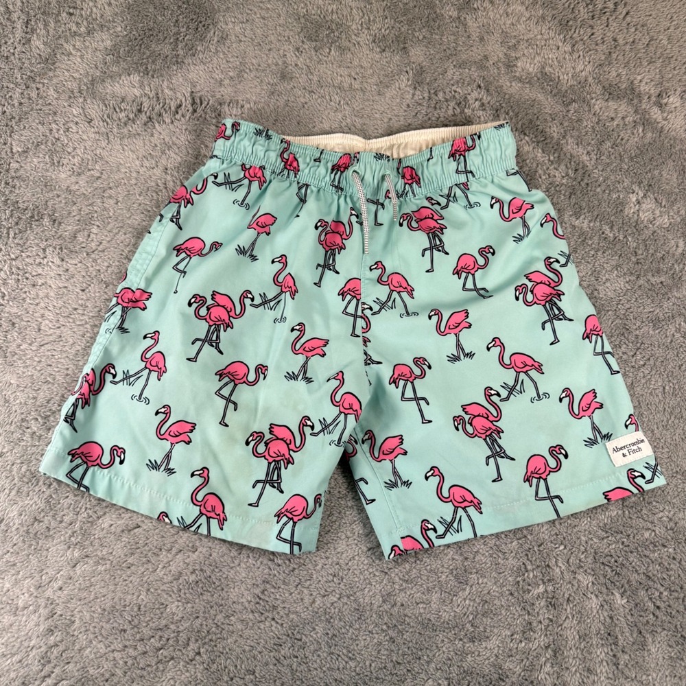 Abercrombie Kids Aqua Blue Pink Flamingo Print Swim Trunks Boys Size 11/12